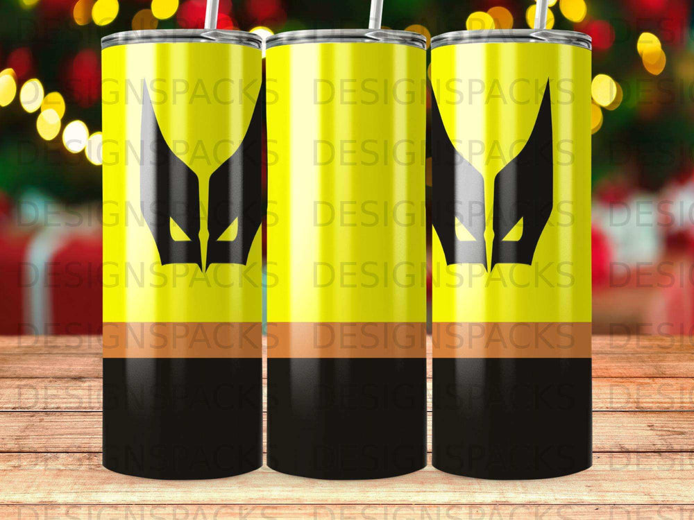Three tumblers with a black and yellow "Batman" mask design and "DESIGNSPACKS" repeating.