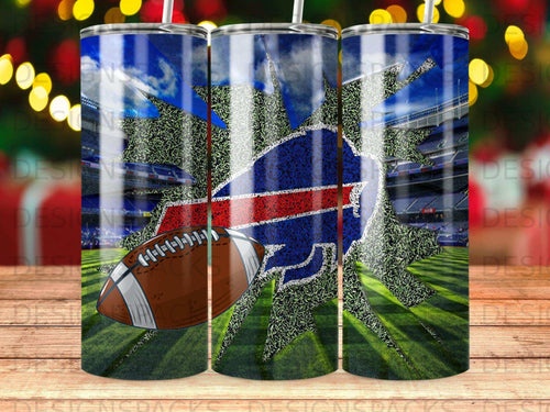 Buffalo Bills logo and football bursting through a stadium wall.