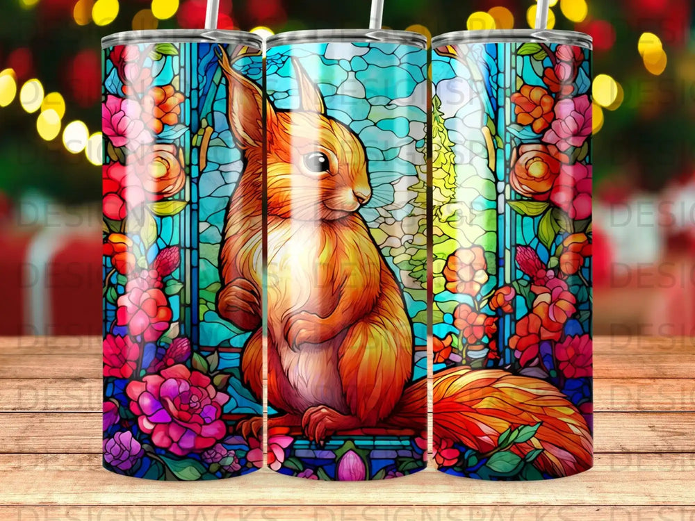 Stained glass squirrel with flowers, framed by colorful lights.