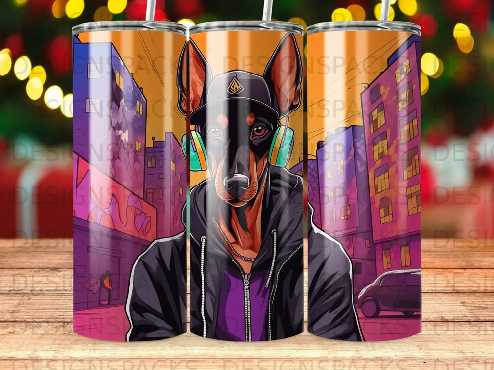 Dog wearing headphones and a hoodie in a city street.