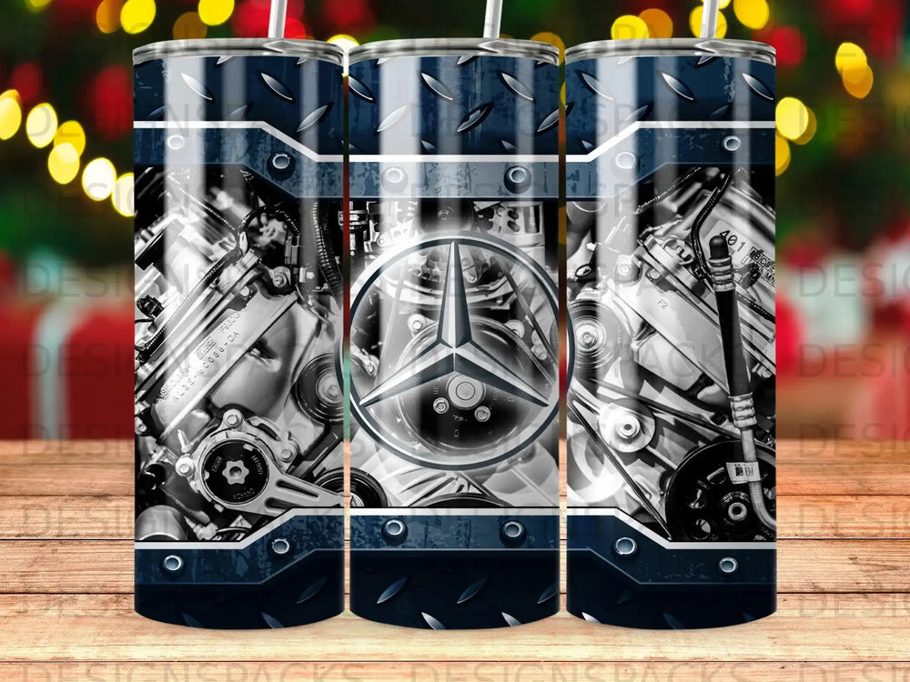 Detailed automotive engine close-up with metallic accents and a Mercedes-Benz logo.