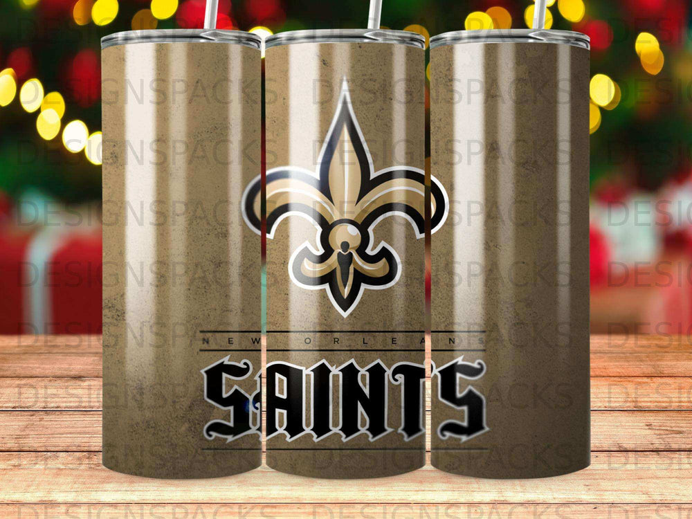 New Orleans Saints logo on a tumbler.