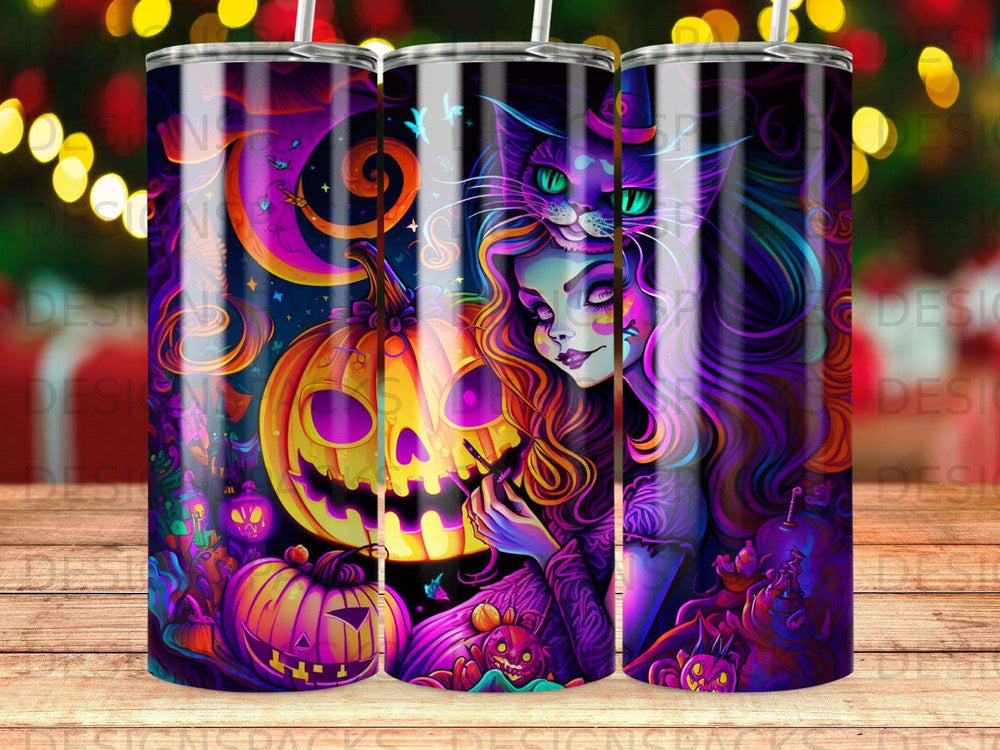 Halloween tumbler with witch, pumpkins, and spooky cat, colorful artwork.