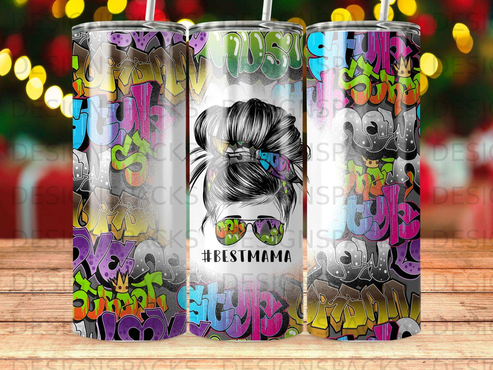 Graffiti-patterned tumbler with messy bun, sunglasses, and #bestmama text.