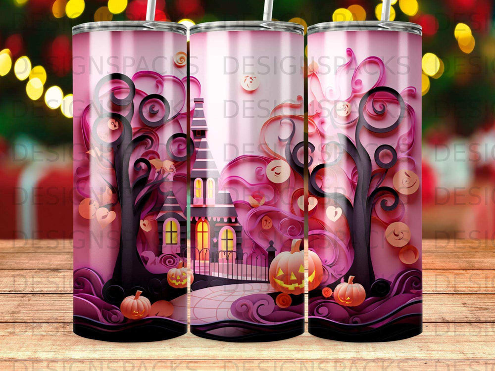 Halloween tumbler with haunted house, pumpkins, and swirling trees.