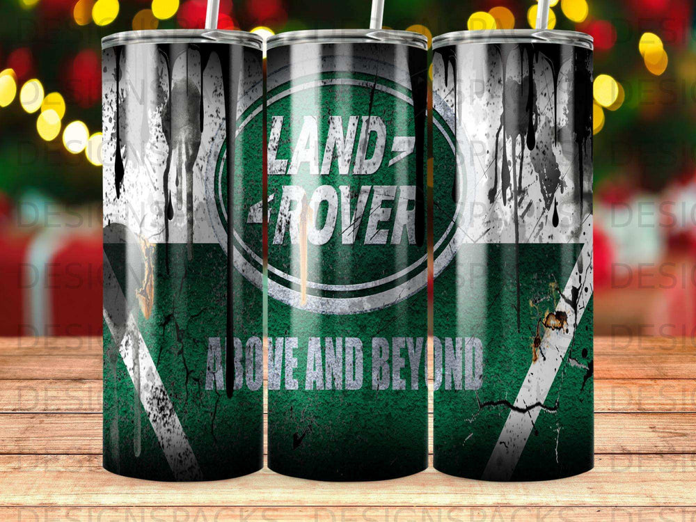 Land Rover logo with "Above and Beyond" text on a green, splattered tumbler.