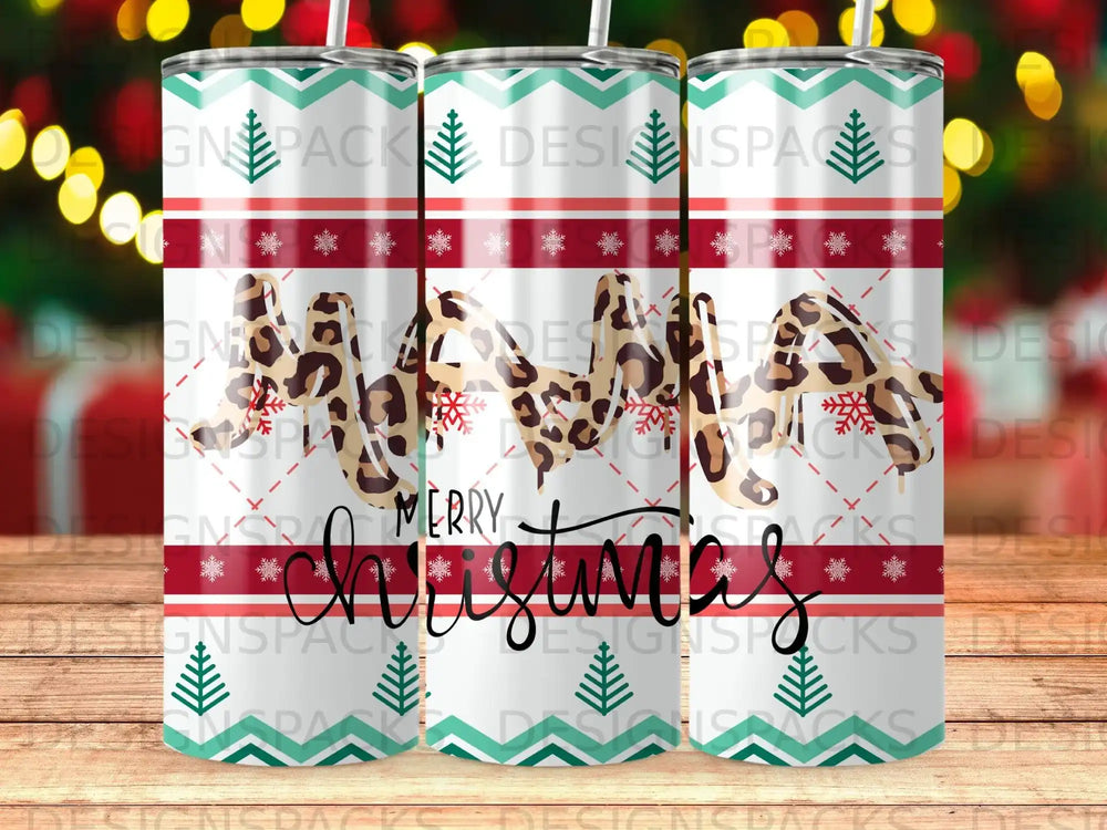 Mama Christmas tumbler with snowflakes and leopard print pattern.