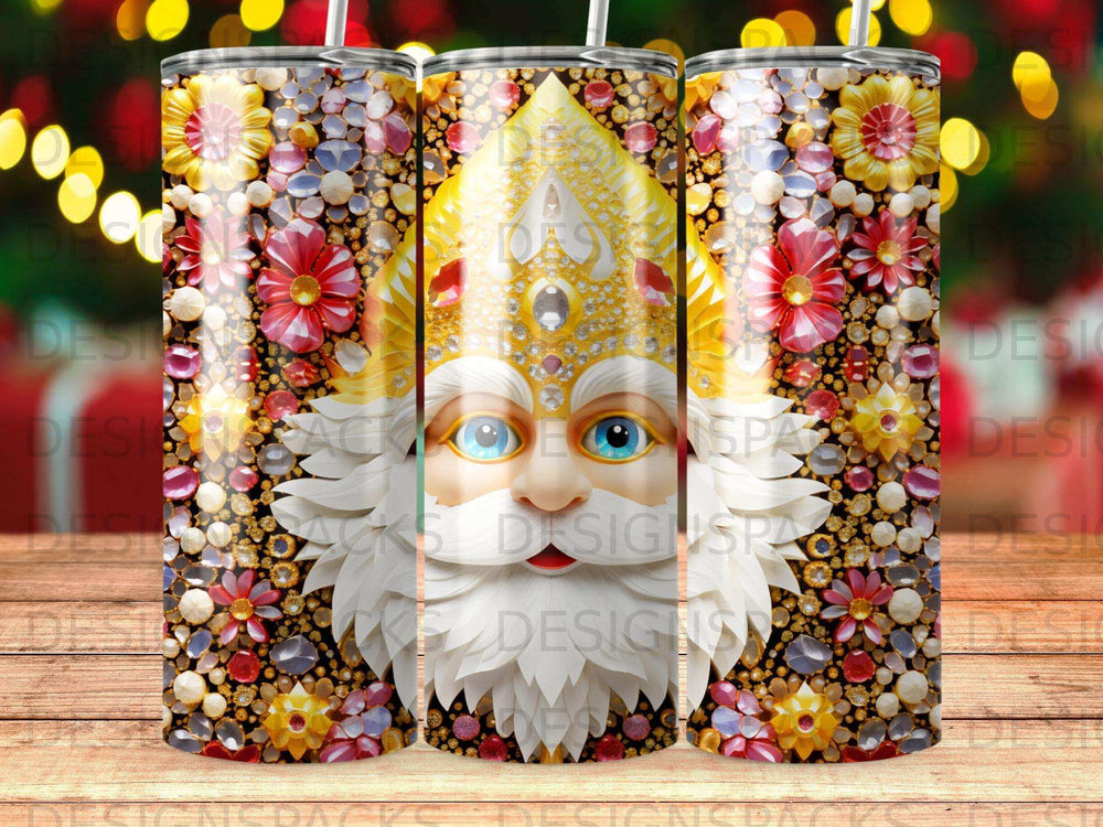 Glittering Santa Claus with blue eyes on a decorative background.