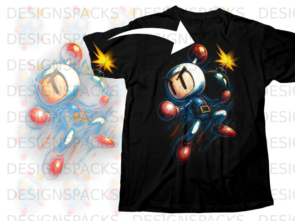 Bomberman character on a black t-shirt with colorful explosions and sparks.