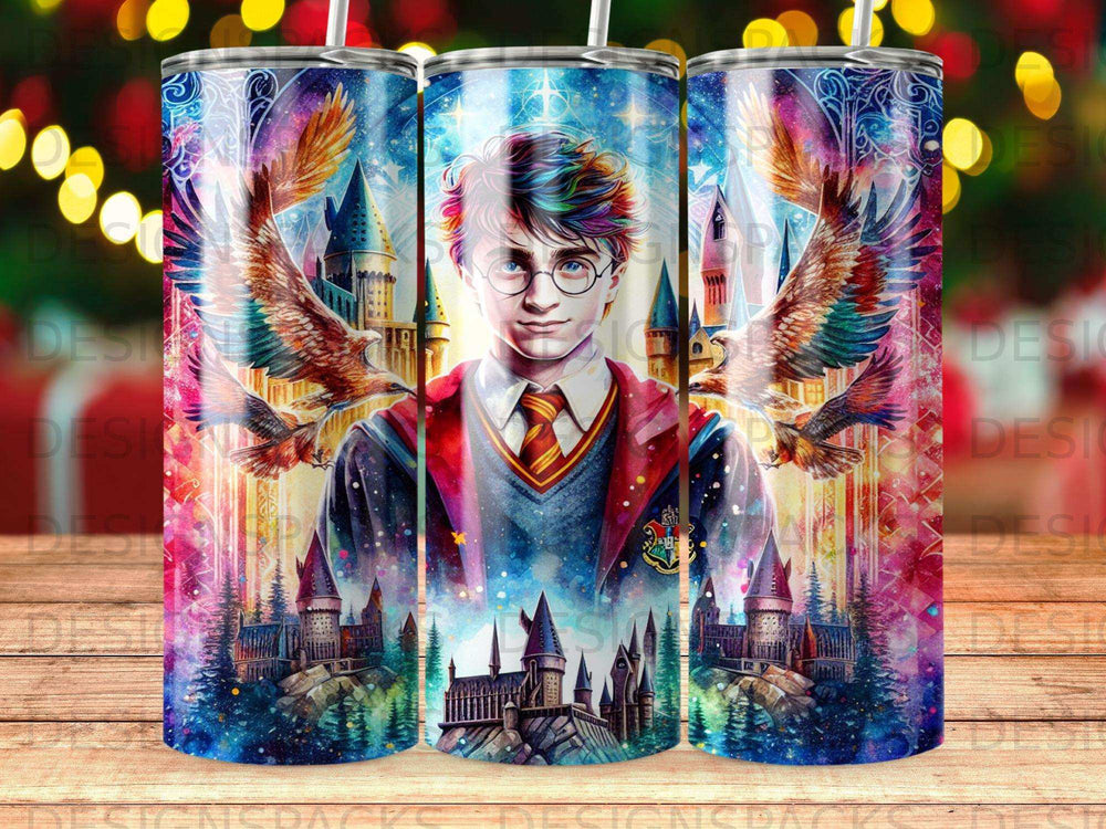 Harry Potter with Hogwarts castle and owls, fantasy art design on tumbler.