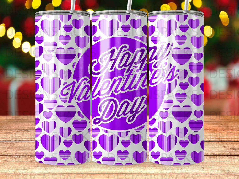 Purple tumbler with a repeating heart pattern and "Happy Valentine's Day" text.