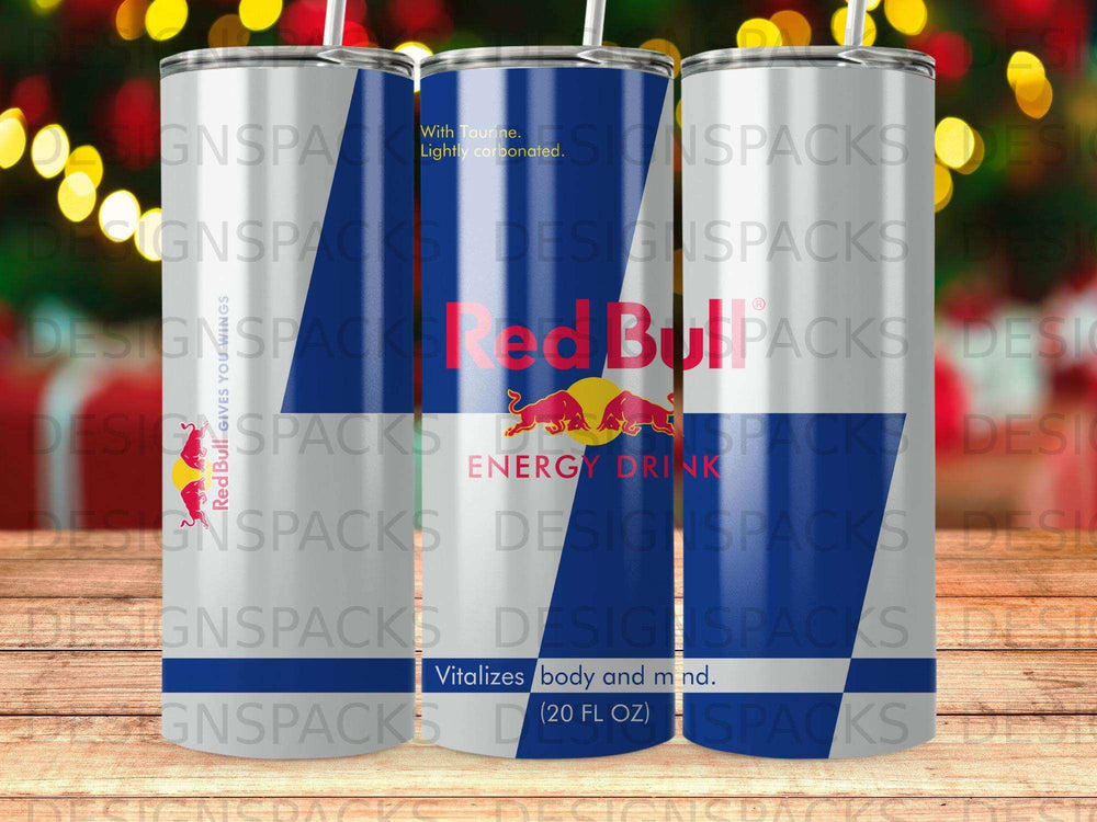 Red Bull Energy Drink can with text "Vitalizes body and mind."
