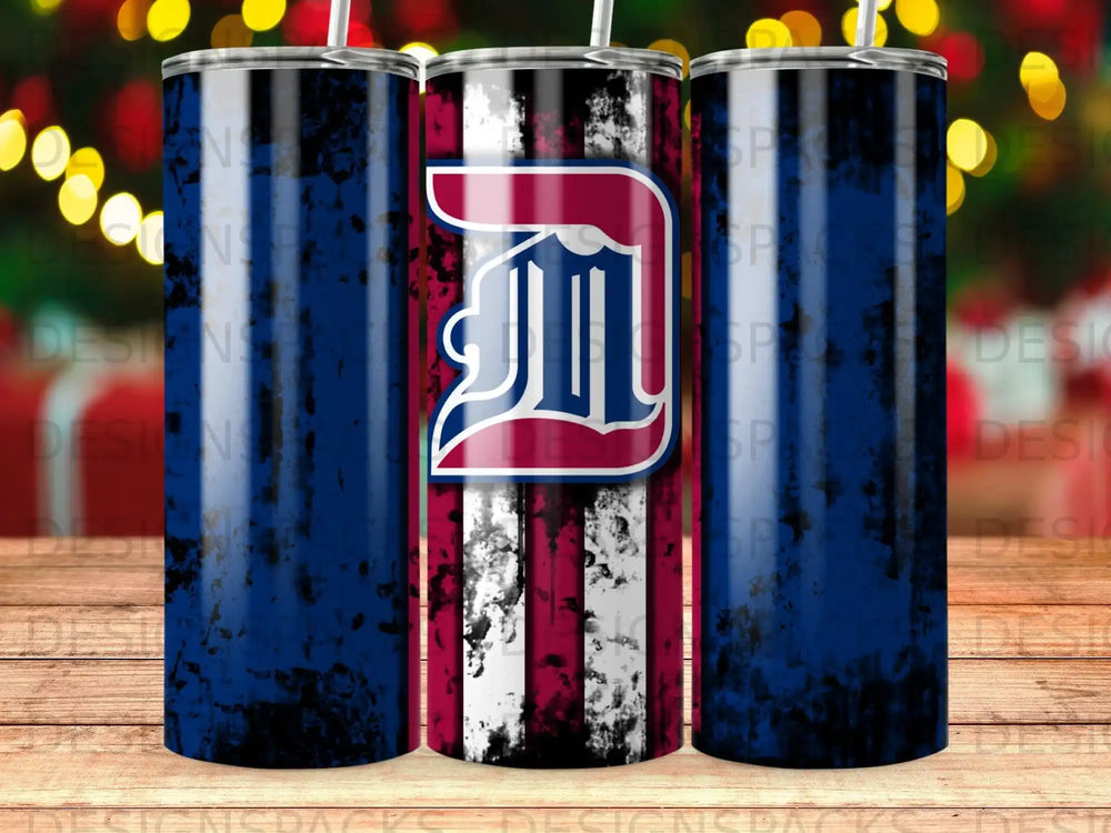 Blue and red distressed tumbler with a white and red "D" logo.