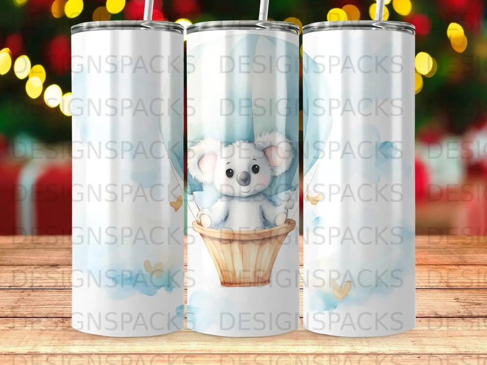 Cute koala in a hot air balloon, surrounded by festive lights.