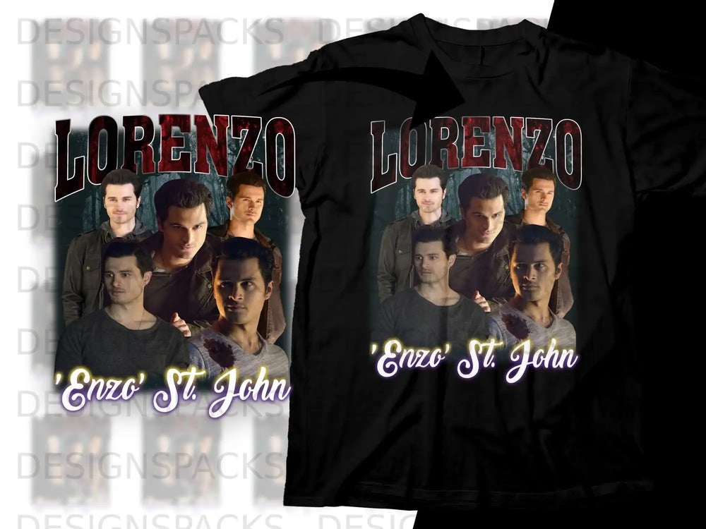 Black t-shirt with "LORENZO" and "Enzo St. John" on a collage of actors.