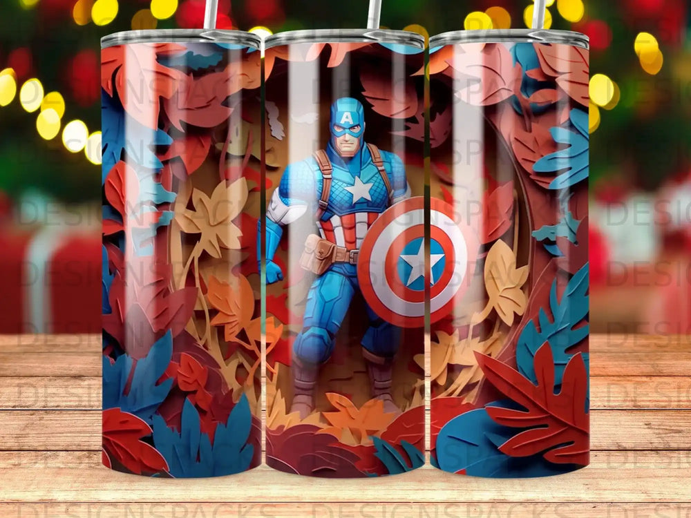 Captain America with shield standing amidst autumn leaves, repeated three times.