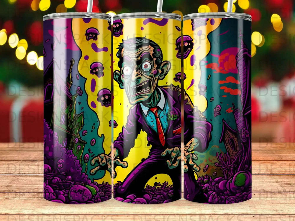 Cartoon zombie in suit with red tie, haunted house, and skulls.