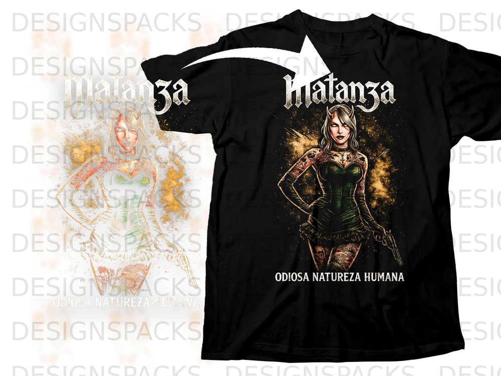 Black t-shirt with a design of a devilish woman holding a gun, with text "Matanza" and "Odiossa Natureza Humana".