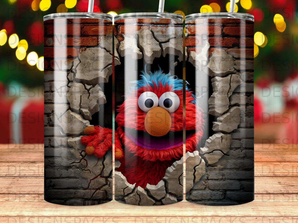 Elmo breaks through a brick wall, looking curious.