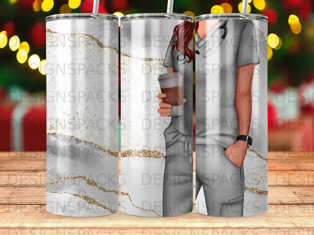 Tumbler with medical professional and coffee cup, glitter and marble pattern.