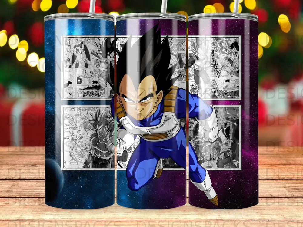 Dragon Ball Z Vegeta in action against Goku in manga panels with space background.