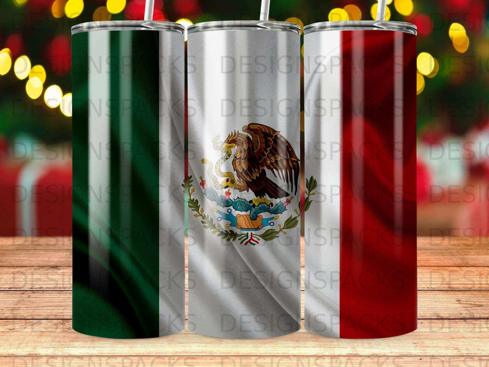 Three tumblers featuring the Mexican flag design.