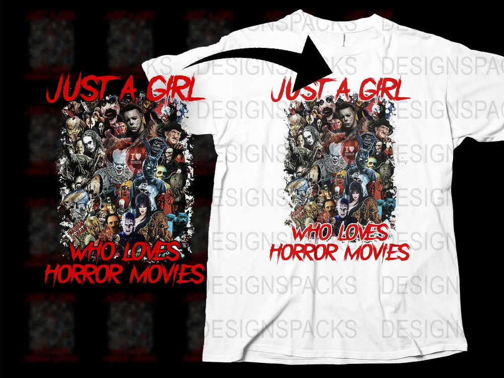 Just a Girl Who Loves Horror Movies T-Shirt, Classic Horror Film Characters Tee, Gift for Horror Movie Fans