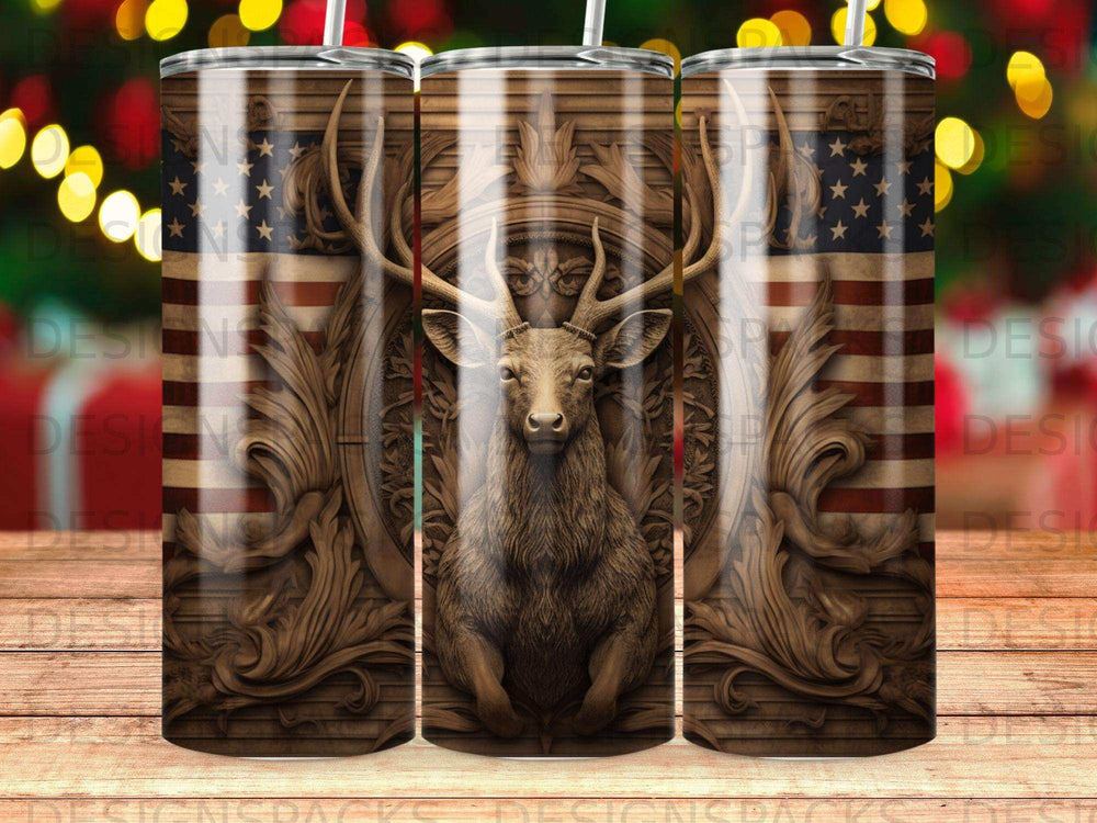 Deer head with American flag motif on a patterned tumbler.