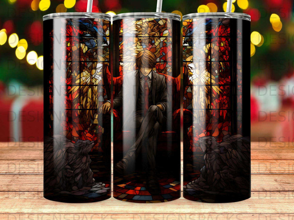 Anime character Light Yagami seated in a stained glass room with glowing eyes.