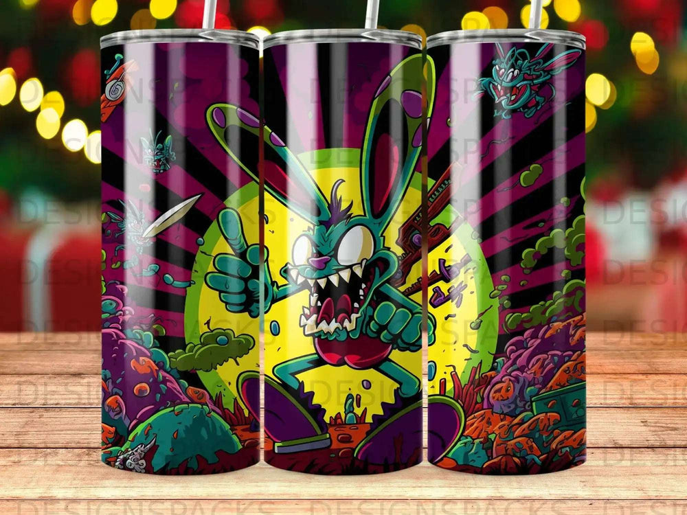 Cartoon bunny with a gun and outstretched arms, set against a colorful, abstract background.