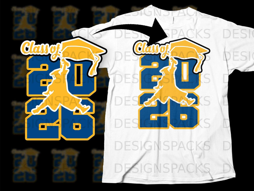 "Class of 2026" design with graduation cap and silhouette on white t-shirt.