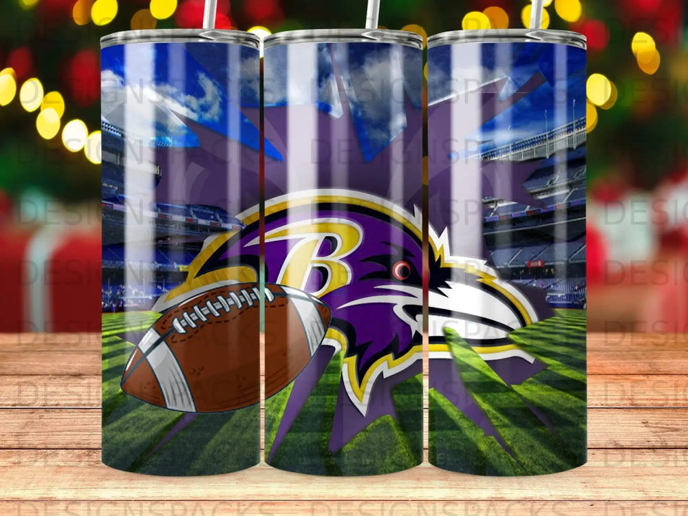 Baltimore Ravens logo and football on a stadium field.