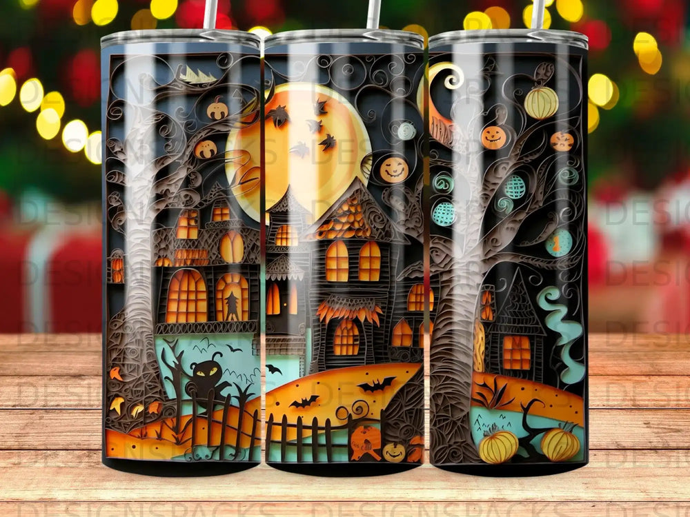 Halloween-themed tumbler with haunted houses, pumpkins, and a full moon.