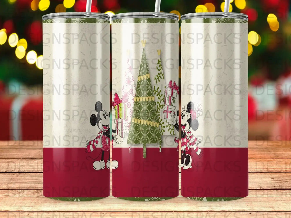 Christmas themed tumbler wrap with Mickey and Minnie Mouse illustrations.