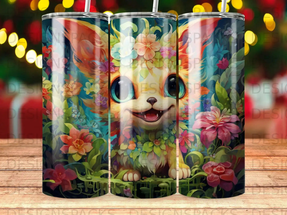 Foxy creature with floral crown and bright eyes amidst lush greenery.