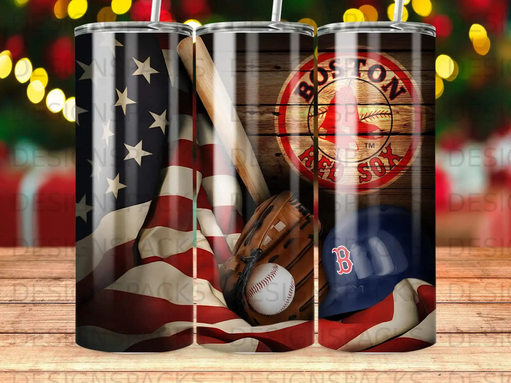 Boston Red Sox baseball cap, glove, and flag on wood.