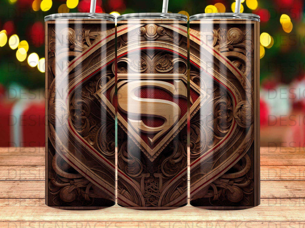 Superman logo on wood-grain textured tumbler with red and gold accents.