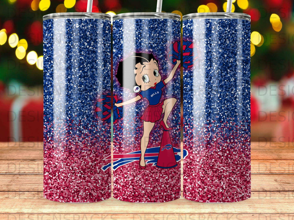 Betty Boop in Buffalo Bills cheerleader outfit with pom-poms and megaphone.