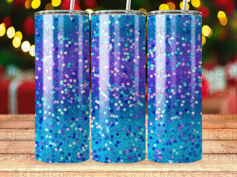 Three tumblers with a blue and purple glitter gradient design.
