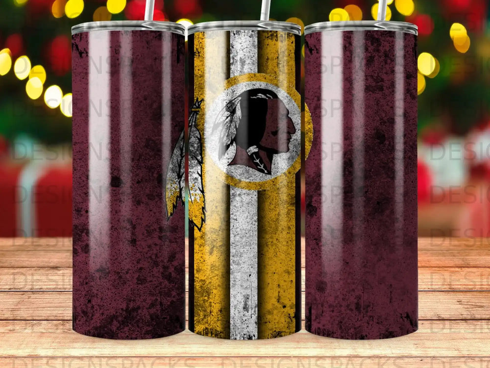 Washington Redskins logo on a tumbler with a dark distressed background.