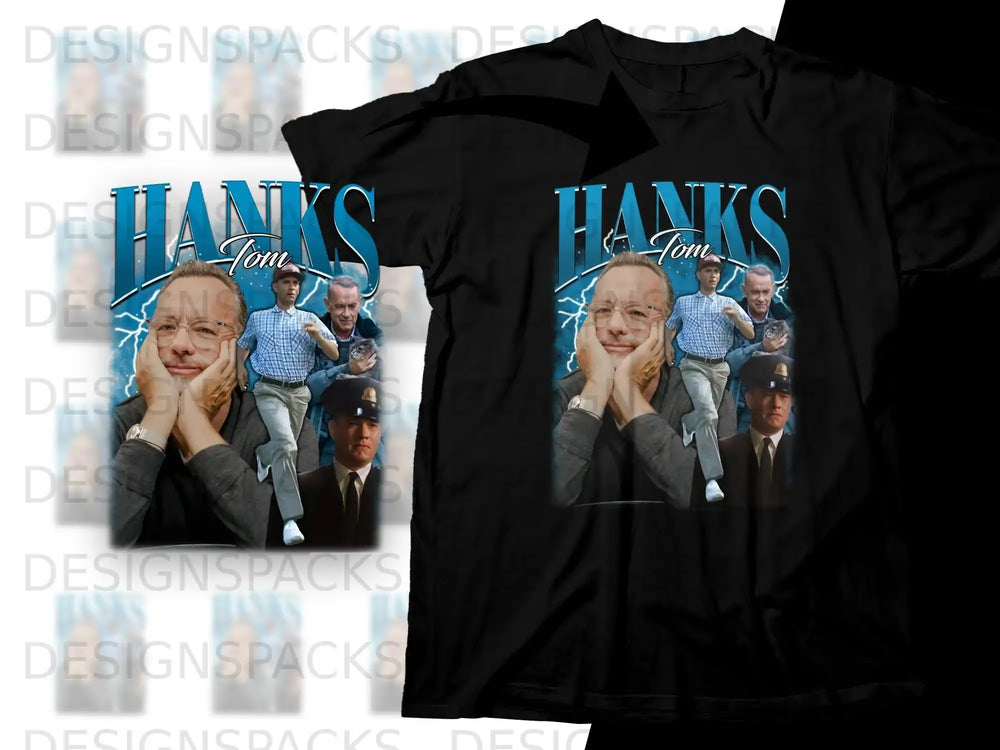 Black t-shirt with a collage of Tom Hanks photos and film stills.