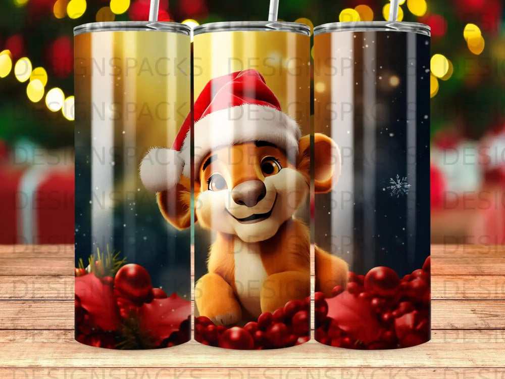 Lion cub in Santa hat with festive decorations, repeating pattern.