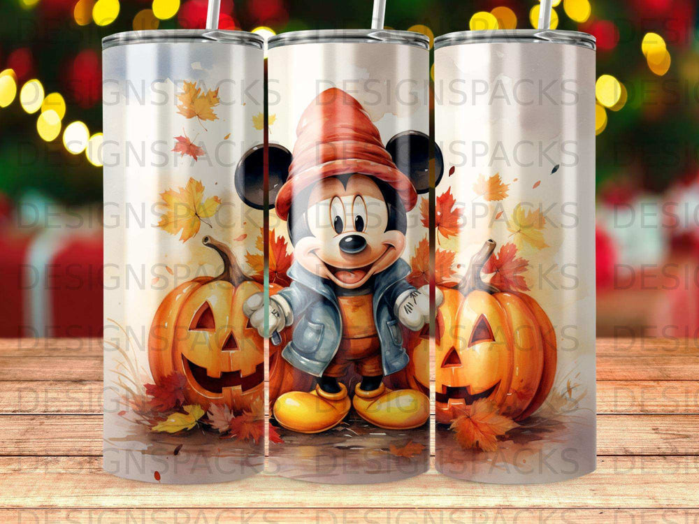 Mickey Mouse in hat and jacket with pumpkins, autumn leaves.