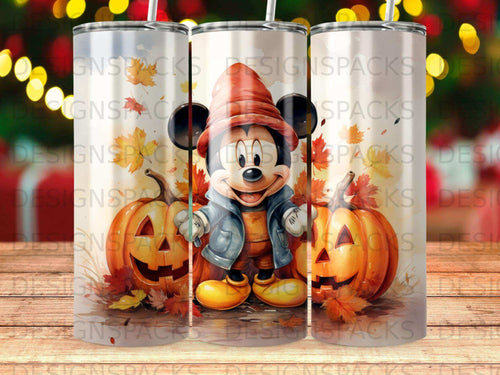 Mickey Mouse in hat and jacket with pumpkins, autumn leaves.