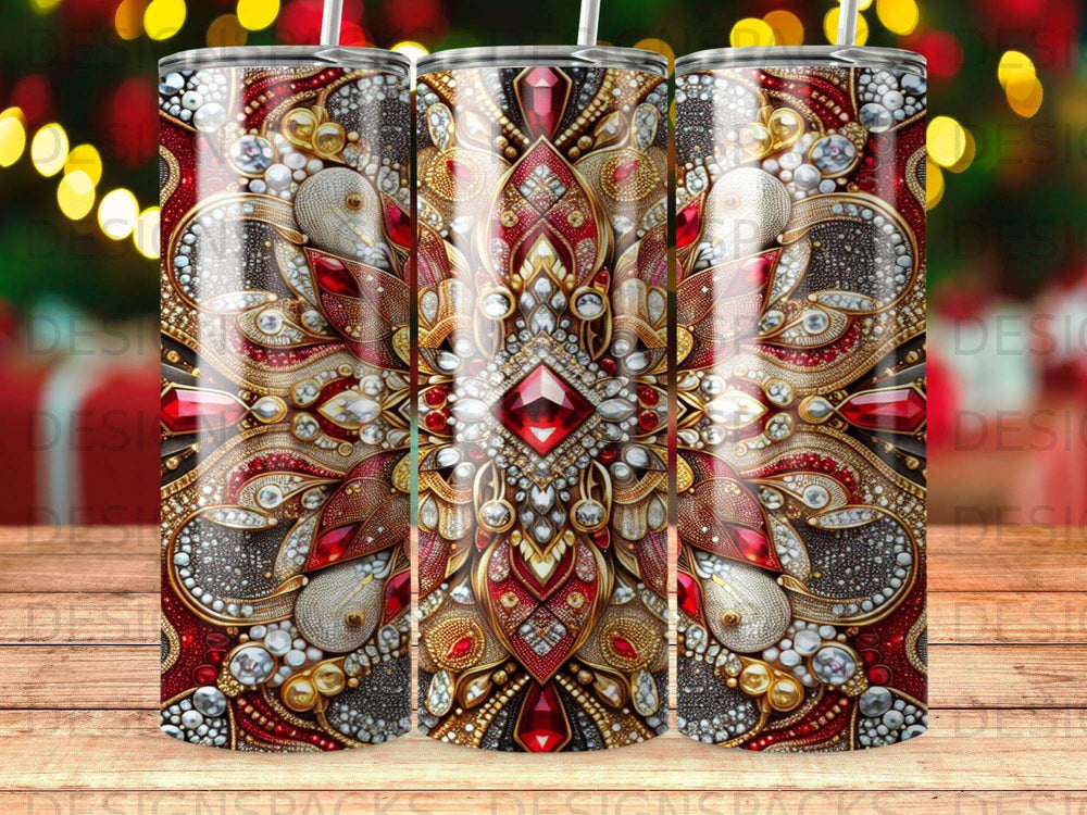 Ornate tumbler with red jewel and gold mosaic design.