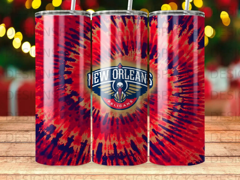 New Orleans Pelicans tie-dye tumbler with team logo.