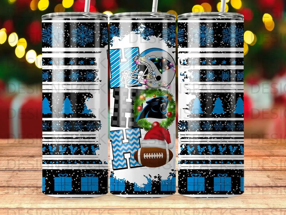 Carolina Panthers holiday tumbler with blue snowflakes and football.