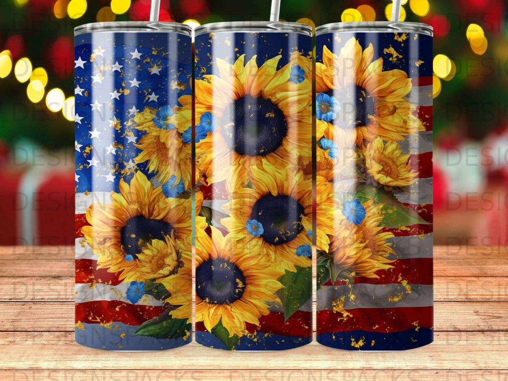 Sunflower and American flag design on three stainless steel tumblers.