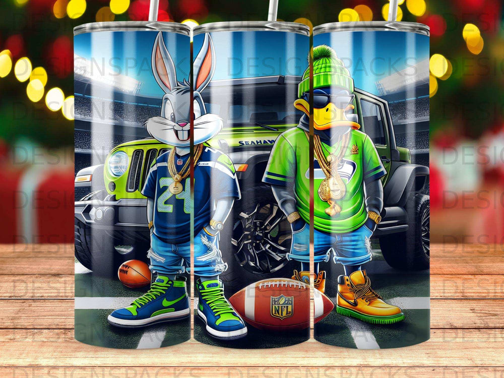 Bugs Bunny and Daffy Duck in Seattle Seahawks gear with a Jeep and football.