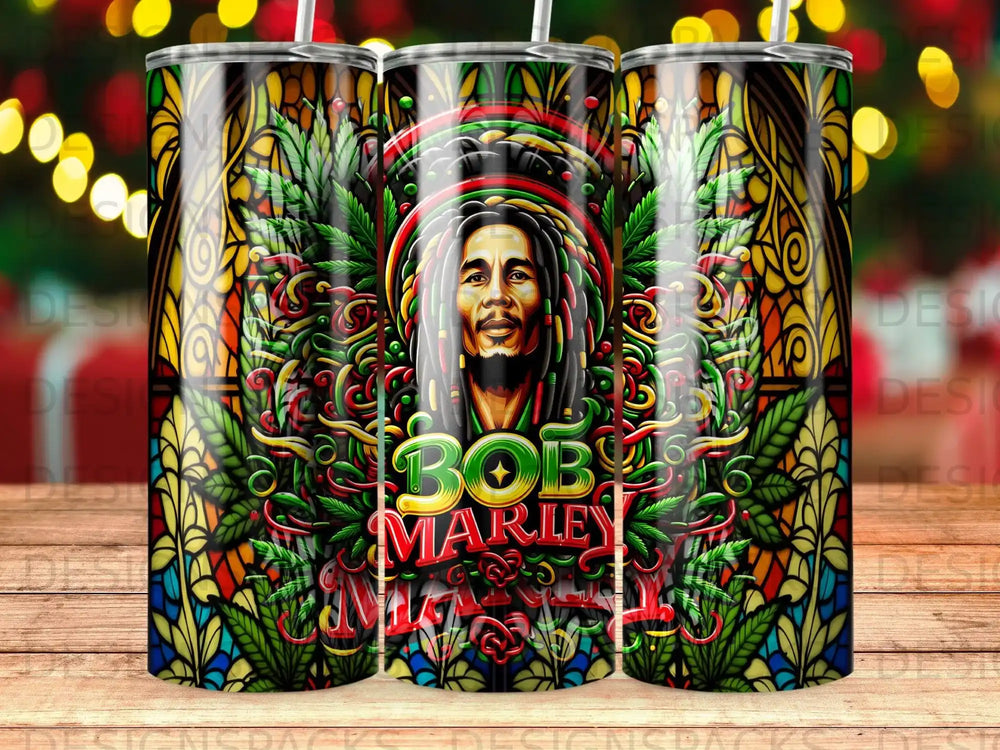 Bob Marley stained glass tumbler with detailed portrait and colorful patterns.